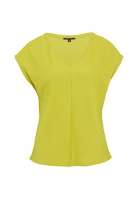 Krótki rękaw, top w serek w jasnym żółtym kolorze, z teksturowanym prążkowanym wzorem. Luźny krój z miękkiego materiału, idealny na codzienne noszenie.