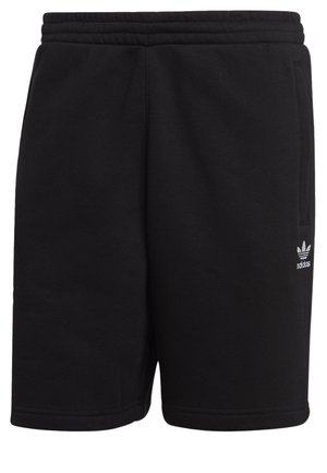 Czarne spodenki Adidas z elastycznym pasem, kieszeniami bocznymi i małym białym logo Adidas na dolnej prawej nodze.