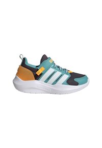 Baskets de sport pour enfants avec des touches turquoise, noir, blanc et orange, avec trois bandes blanches et une semelle blanche rembourrée portant la mention "Cloudfoam".
