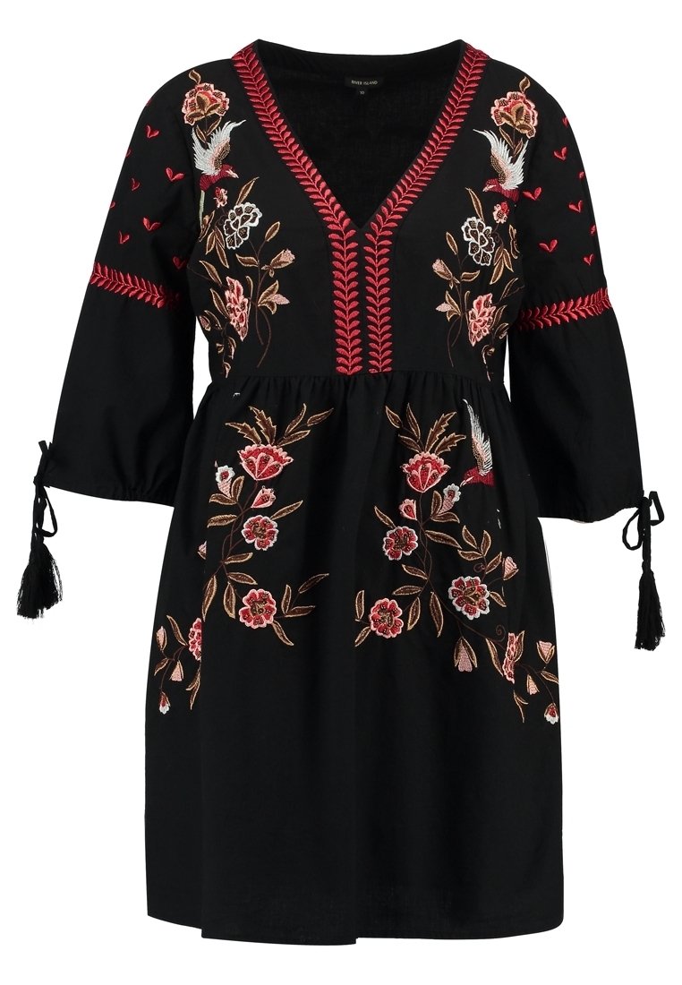 river island black embroidered dress River Island embroidered floral mesh midi dress in black