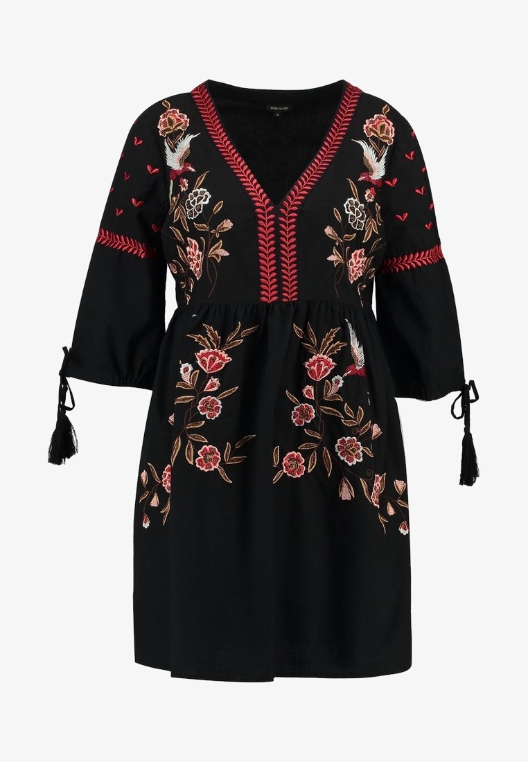 river island black embroidered dress River Island embroidered floral mesh midi dress in black