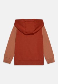Felpa con cappuccio di colore ruggine e maniche marrone chiaro. Realizzata in un tessuto morbido, presenta una tasca a canguro e polsini a costine.