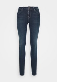 Pantalones vaqueros ajustados en denim oscuro con una textura suave, diseño de cinco bolsillos y costuras en contraste. Cuenta con un cierre de cremallera y botón.