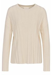 Cremefarbenes, geripptes Strickpullover mit Rundhalsausschnitt und langen Ärmeln. Besitzt eine lockere Passform und einen leicht ausgestellten Saum.