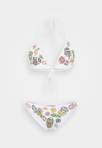 Balts bikini komplekts ar trīsstūra formāta augšu un zemu jostasvietu, kas iekļauj krāsainus izšūtus jūras dzīves dizainus un strukturētu audumu.