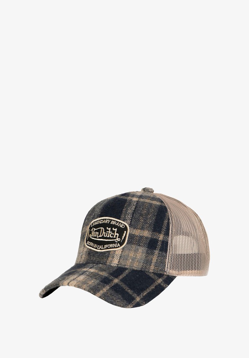 Gorra a cuadros en azul marino y marrón claro con parte trasera de malla. Presenta un parche de logo redondo cosido en beige con texto en negro. Visera curva.