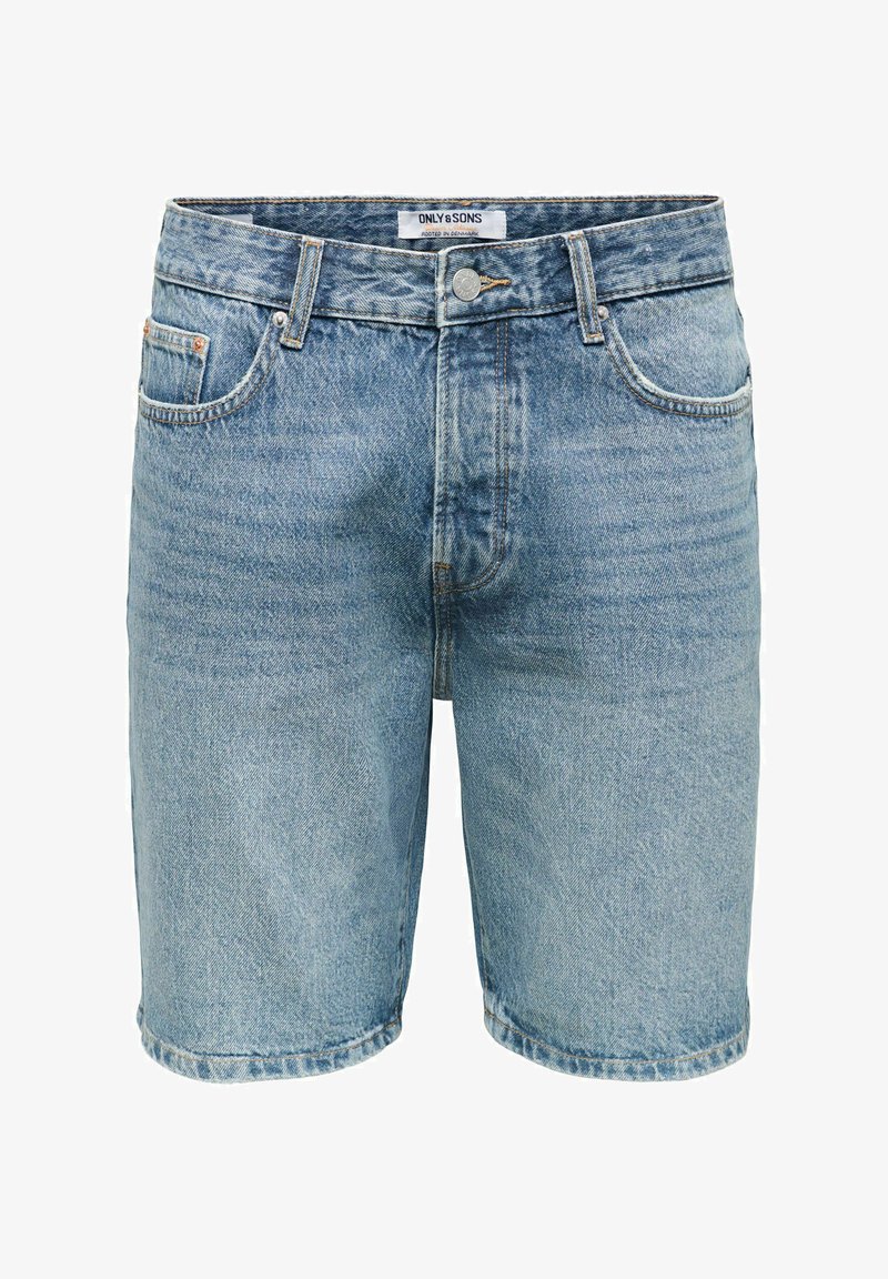 Ανοιχτό μπλε denim σορτς με πέντε τσέπες, θηλιές για ζώνη και κούμπωμα με κουμπί, με την ετικέτα "ONLY & SONS" στη μέση.