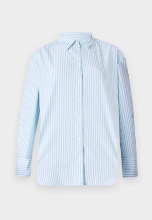 Modra in bela črtasta dolgorasna majica s kragnico na gumb in ravnim krojem. Mehka tkanina z vidnimi gumbi in podrobnostmi na manšetah.