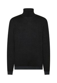 Maglione nero a collo alto in morbido tessuto, con maniche lunghe e una silhouette aderente. Collo e polsini a coste con un sottile dettaglio del logo.