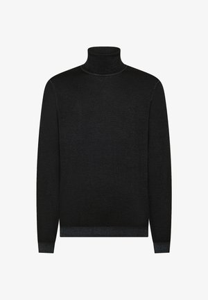 Maglione nero a collo alto in morbido tessuto, con maniche lunghe e una silhouette aderente. Collo e polsini a coste con un sottile dettaglio del logo.