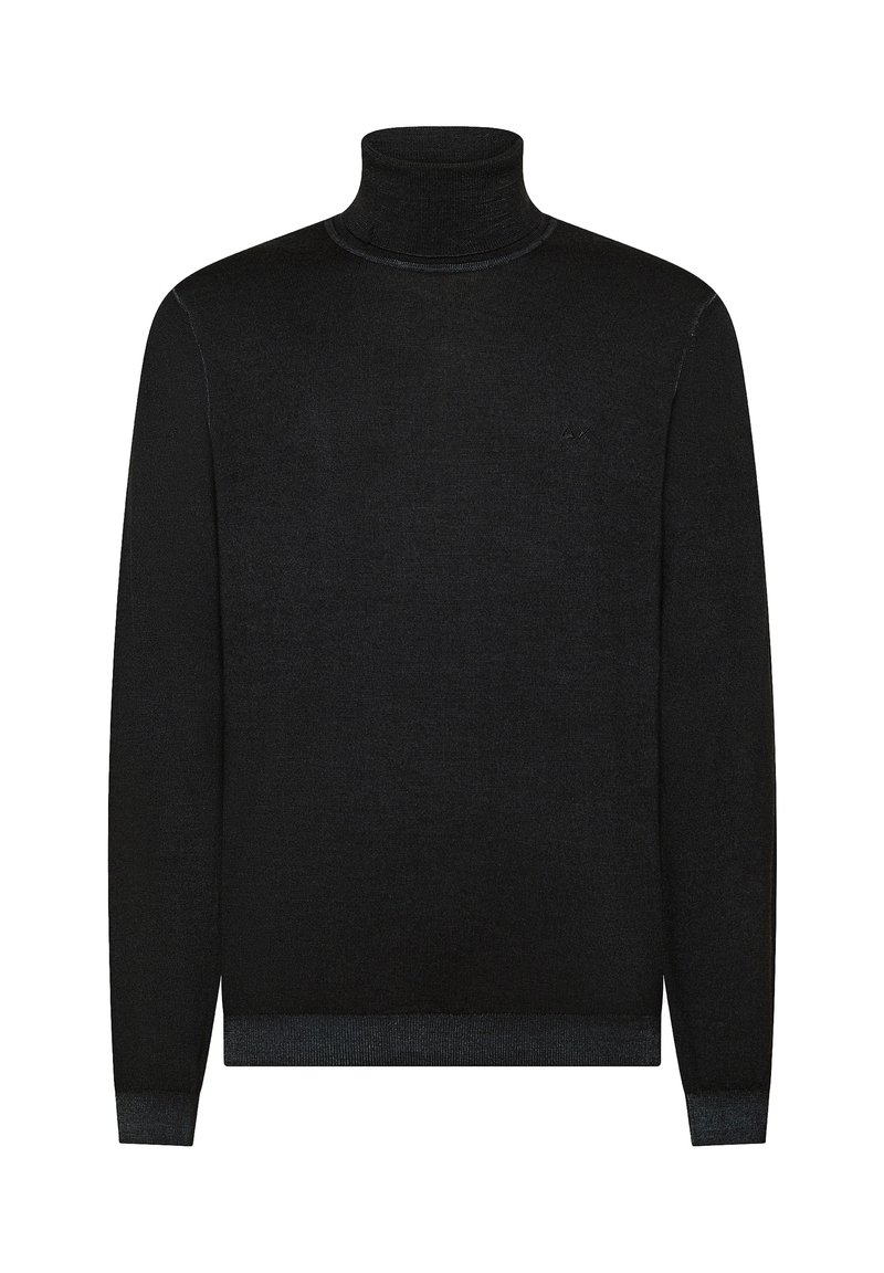 Maglione nero a collo alto in morbido tessuto, con maniche lunghe e una silhouette aderente. Collo e polsini a coste con un sottile dettaglio del logo.
