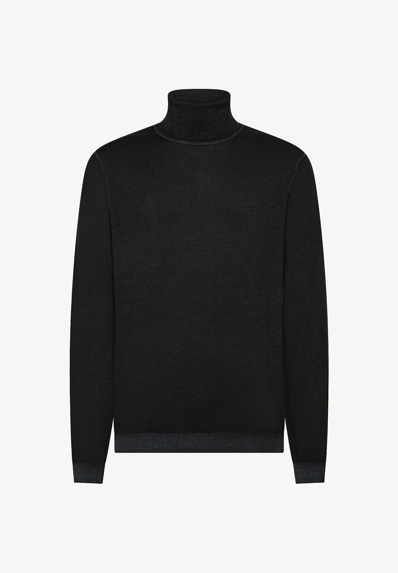 Maglione nero a collo alto in morbido tessuto, con maniche lunghe e una silhouette aderente. Collo e polsini a coste con un sottile dettaglio del logo.