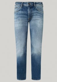 Jeans de denim en degradado azul, con un lavado gastado, ligero desgaste, diseño de cinco bolsillos, pierna recta y detalles cosidos.