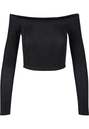 Černý crop top bez ramínek vyrobený z třpytivého materiálu, vybavený dlouhými rukávy a upnutým střihem bez dalších vzorů nebo akcentů.