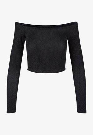 Czarny krótki top bez ramiączek z błyszczącego materiału, z długimi rękawami i dopasowanym krojem, bez dodatkowych wzorów ani akcentów.