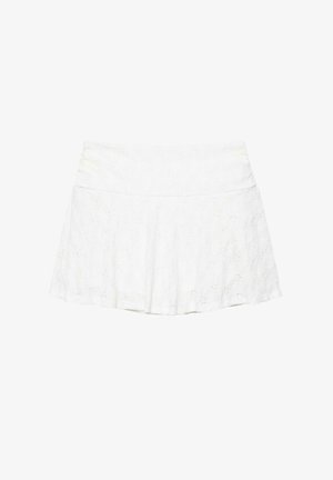 Minigonna bianca svasata in tessuto con ricami a occhiello e una larga fascia in vita.