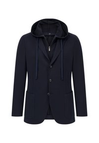 Modra navy blazer s kapuco, z zadrgo, dvema sprednjima žepoma in gumbom za zapiranje. Gladka tkanina s prilegajočim krojem.