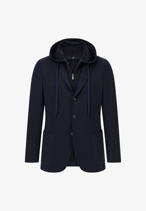 Marineblauwe blazer met capuchon, voorzien van een rits, twee zakken aan de voorkant en knoopsluiting. Gladde stof met een getailleerde pasvorm.
