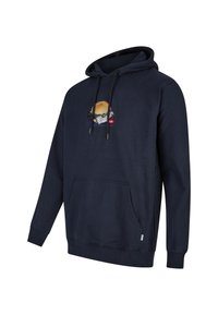 Navy blue hoodie made of cotton blend, featuring a front pocket and an embroidered burger design on the chest with red and blue accents.