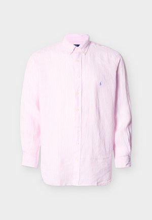 Men’s long-sleeve button-up shirt with light pink and white vertical stripes and small embroidered logo on chest.
