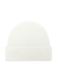 Beanie bianco lavorato a maglia con risvolto a costine, caratterizzato da un motivo testurizzato e una costruzione senza cuciture, adatto per il freddo.