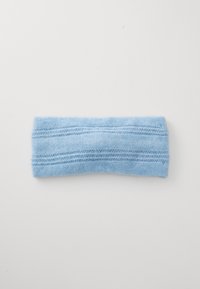 Light blue knitted headband made of soft fabric, featuring horizontal stripes and a smooth texture. Rectangular shape with a subtle pattern.