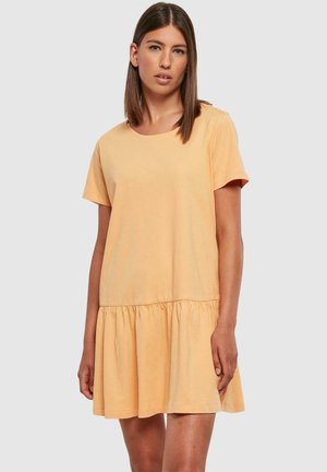 Korte mouwen oranje katoenen jurk met een uitlopende rok, voorzien van een ronde halslijn en een geraffineerde taille. Soepele stof en casual ontwerp.