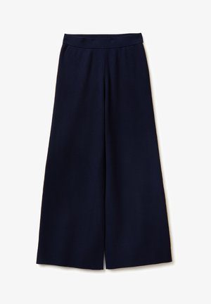 Pantalones de pierna ancha en navy con un tejido suave, cinturilla alta y un diseño sencillo. Presentan un corte recto y sin cierres visibles.