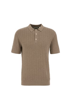 Korte mouwen polo shirt in lichtbruin, met een geribbelde textuur, een drie-knopen sluiting en een klassiek kraagontwerp.