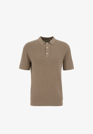 Kortärmad polo i ljusbrun, med ribbad textur, treknappslå och en klassisk krage.