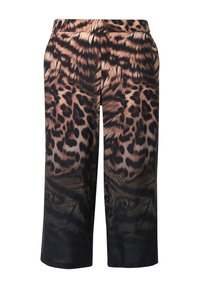 Kalhoty kuloty s leopardím potiskem, v odstínech hnědé a černé, s hladkou texturou a širokým střihem nohou.