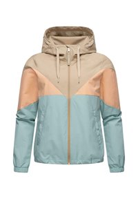 Lättviktsjacka med huva som har en färgblockdesign i beige, persika och mjuk blå. Framsidan har dragkedja och elastiska ärmar.