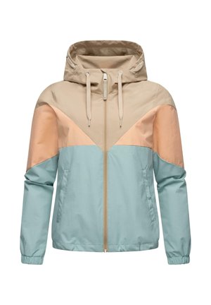 Lättviktsjacka med huva som har en färgblockdesign i beige, persika och mjuk blå. Framsidan har dragkedja och elastiska ärmar.