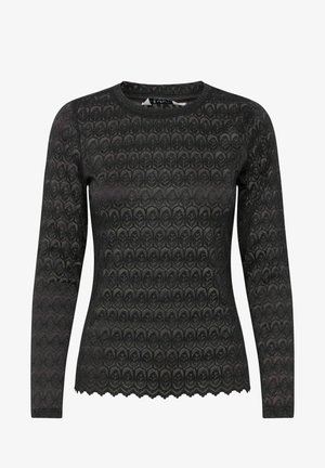 Haut noir à manches longues avec un motif de feuilles texturé, col arrondi et ourlet en dentelle. Fabriqué à partir d'un tissu léger et transparent.