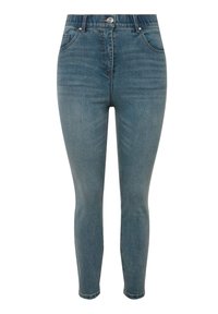Jeans ajustados de un azul medio, con una cintura alta, cinco bolsillos y detalles de costura sutiles. Textura suave con un ligero estiramiento.