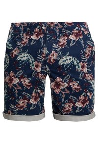 Blommiga shorts i mörkblått tyg med ett flerfärgat blommönster. Rullade manschetter och en knappknäppning fulländar designen.