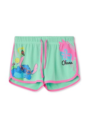 Miętowo-zielone szorty z siateczki z różową lamówką, różowym troczkiem, postacią z kreskówki w okularach przeciwsłonecznych oraz napisem „Ohana” z kwiatowym wzorem po prawej stronie.