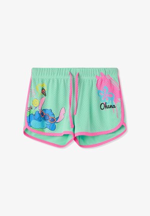 Pantaloncini in rete verde menta con bordo rosa, coulisse rosa, personaggio dei cartoni animati con occhiali da sole e testo "Ohana" con design floreale sul lato destro.