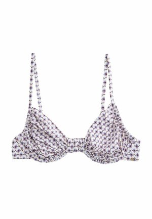 Weißes Bikinioberteil mit dünnen Trägern und geometrischem Diamantmuster in Lila- und Blautönen, geraffte Details an den Cups.