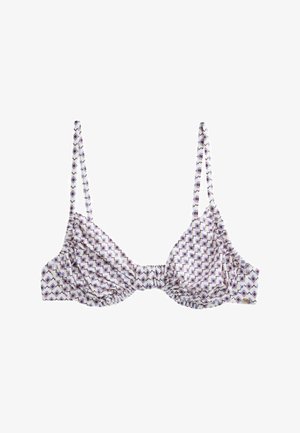 Weißes Bikinioberteil mit dünnen Trägern und geometrischem Diamantmuster in Lila- und Blautönen, geraffte Details an den Cups.