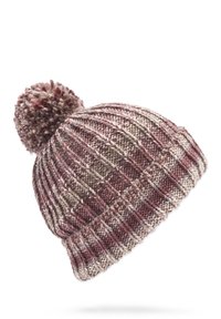 Knit beanie in earthy tones of burgundy, cream, and brown, featuring a textured pattern and a fluffy pom-pom on top.