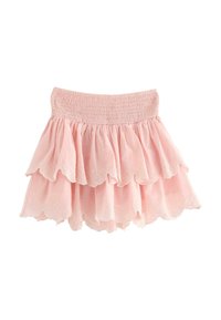 Gonna a strati rosa pallido in tessuto con bordi ondulati. Caratterizzata da una vita elasticizzata e delicati dettagli ricamati sui livelli.