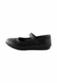 Schwarze Mary Jane Schuhe aus glattem Leder, mit runder Zehenpartie, einem Klettverschluss und dekorativen geprägten Herzen im Zehenbereich.