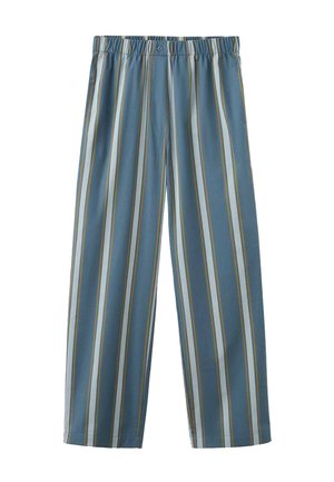 Modre široke hlače z navpičnimi belimi, svetlo sivimi in rumenimi črtami, elastičnim pasom in gumbom na sredini sprednjega dela.