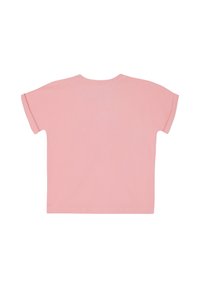 Koszulka z krótkim rękawem w miękkim różowym kolorze, wykonana z bawełny, z okrągłym dekoltem i luźnym krojem. Gładka faktura o prostym wzorze, bez grafik ani wzorów.