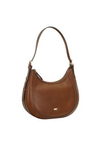 Borsa a tracolla in pelle marrone con forma curva, caratterizzata da dettagli cuciti e un logo dorato. Include una tracolla singola regolabile.