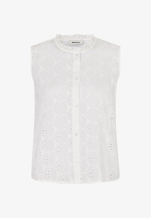 Hvit ermeløs bluse med teksturert brodert mønster med sirkulære motiver og volangkrage, festet med knapper foran.