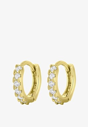 Gouden hoepel oorbellen met heldere, ronde, bezel-geplaatste kristallen aan één zijde; gladde oppervlakte met een gepolijste afwerking.