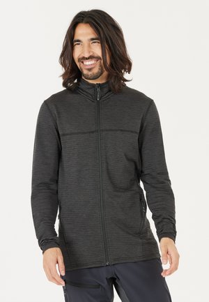 Zwarte bodywarmer met ritssluiting, gemaakt van gestructureerde stof, met lange mouwen, twee ritspockets en een staande kraag, ontworpen voor comfort en warmte.
