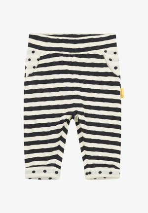 Pantalons rayés en crème et marine avec des accents à pois sur les poches et les poignets, présentant un tissu doux et une taille élastique.